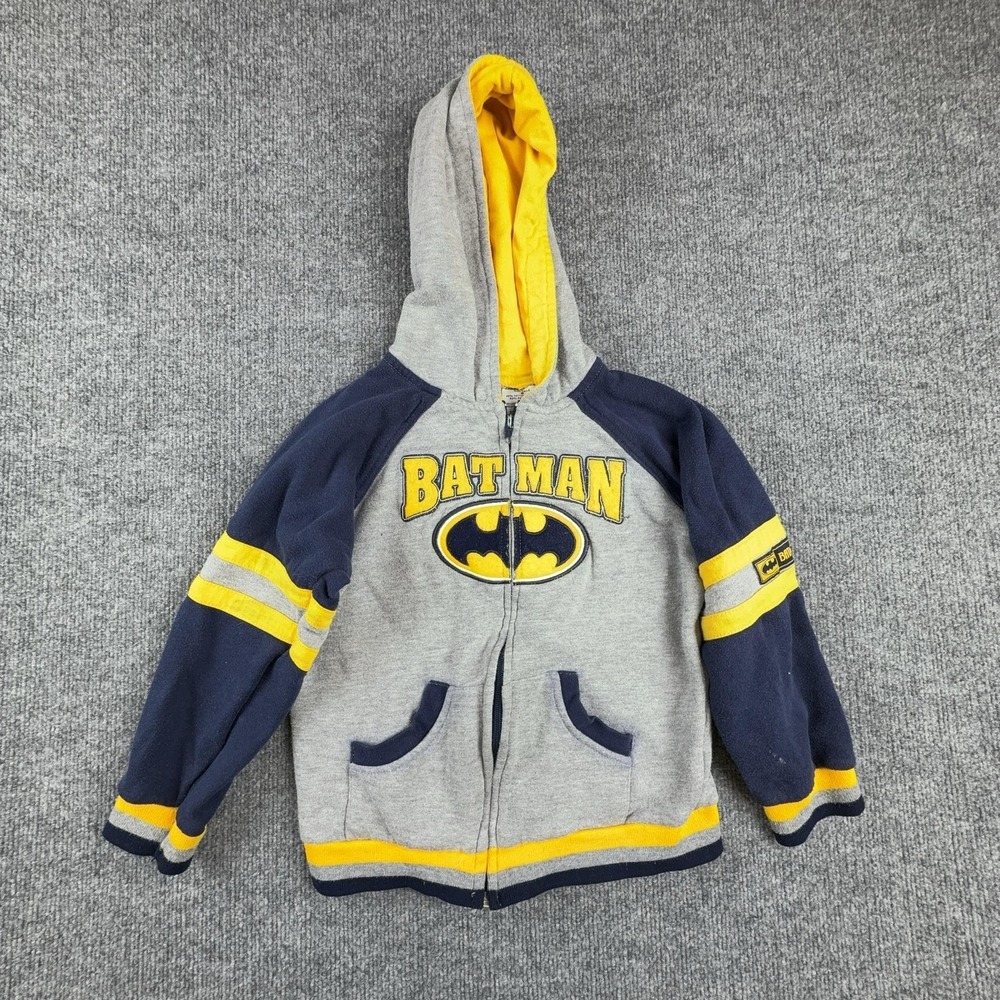 Batman Hoodie Sweatshirt Unisex Kids 6 Gray Navy Fleece Full Zip Logo Graphic